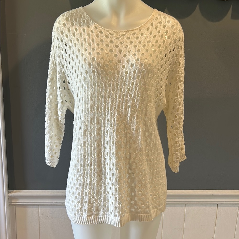 Chicos Size 2 Elegant White Knit Sweater with White Sequins